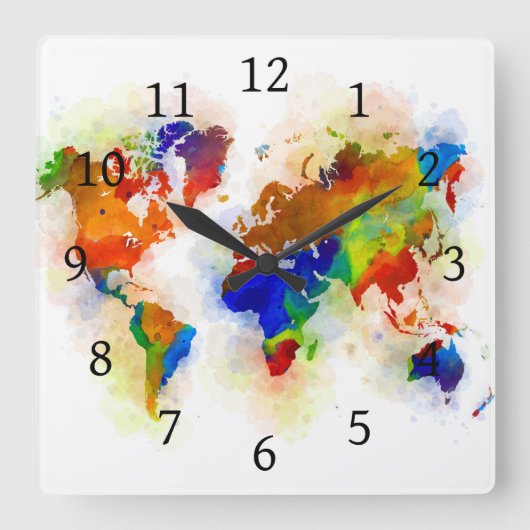 Design 77 multicolor world map quadratische wanduhr (Vorderseite)