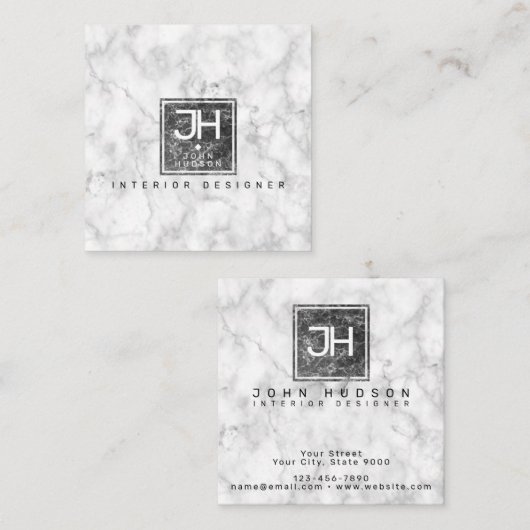 Design aus schwarzem und weißem Marmor Modernes Mo Quadratische Visitenkarte (Vorne/Hinten)