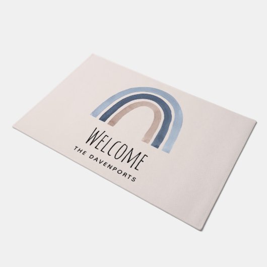 Design Blau und Peach Rainbow Boho Begrüßung Fußmatte (Schrägansicht)