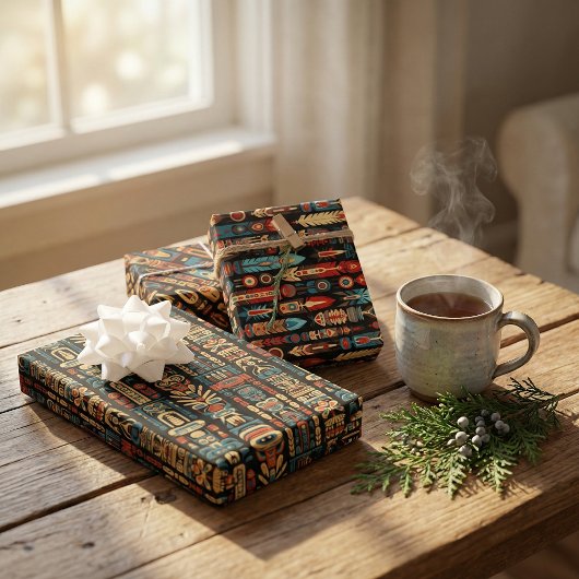 Design der amerikanischen Totem-Polen und Federn Geschenkpapier Set