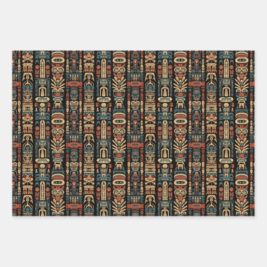 Design der amerikanischen Totem-Polen und Federn Geschenkpapier Set (Vorderseite)