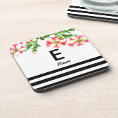 Design der Aquarellfarben Rosa und Weiße Petunien Getränkeuntersetzer (Linke Seite)