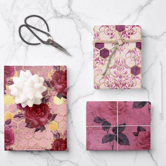 Design der Bienenreihe Burgund sechs Geschenkpapier Set (Vorderseite)