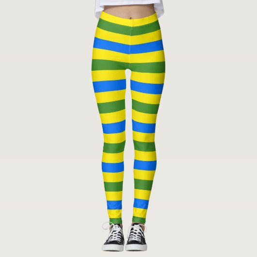 Design der blauen, grünen und gelben Streifen Leggings (Vorderseite)