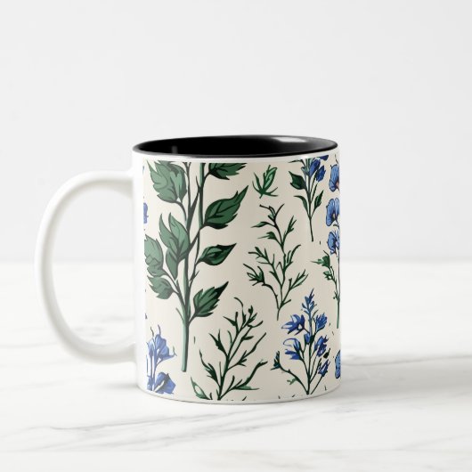 Design der Delphinium-Blume, botanische Eleganz Zweifarbige Tasse (Links)