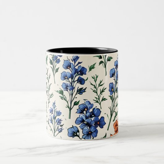 Design der Delphinium-Blume, botanische Eleganz Zweifarbige Tasse (Mittel)