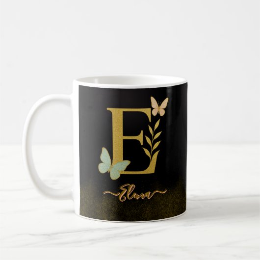 Design der Gold Letter E-Schmetterlingsmaschine Kaffeetasse (Links)