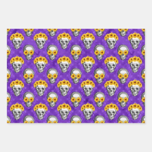Design der lila Schädel- und Sonnenblumen-Serie 10 Geschenkpapier Set (Vorderseite)