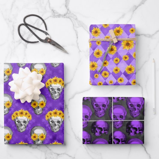 Design der lila Schädel- und Sonnenblumen-Serie 10 Geschenkpapier Set (Vorderseite)