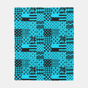 Design der Patchwork-Muster in Blau-Schwarz Fleecedecke
