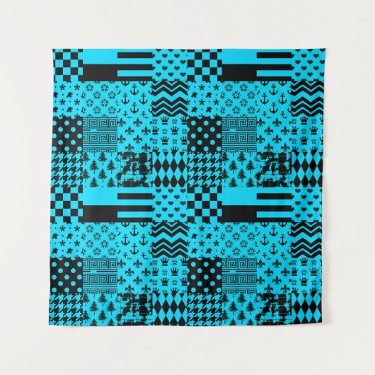 Design der Patchwork-Muster in Blau-Schwarz Wandteppich (Vorderseite)