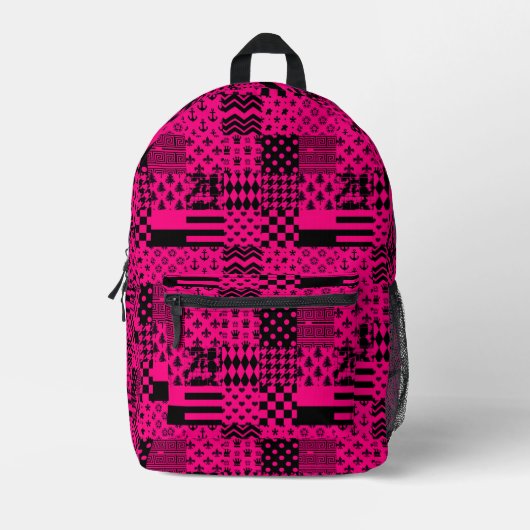 Design der Patchwork-Muster in rosa Schwarz Bedruckter Rucksack (Vorderseite)