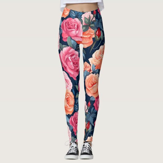 Design der rosa orangefarbenen Rose Leggings (Vorderseite)