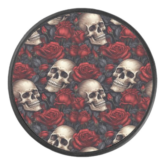 Design der Schädel- und Rose-Serie 10 Eishockey Puck (Vorderseite)
