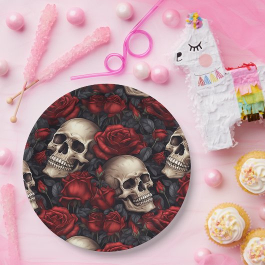 Design der Schädel- und Rose-Serie 10 Pappteller (Party)