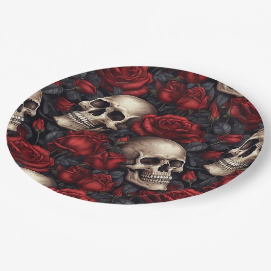 Design der Schädel- und Rose-Serie 10 Pappteller (Schrägansicht)