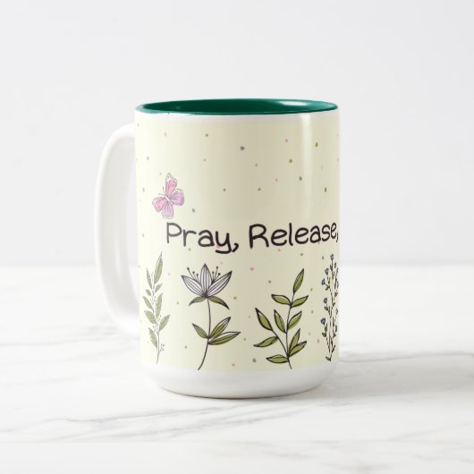 Design der Tasse "Beten, Release, Vertrauen" (Vorderseite Links)