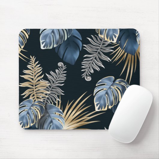 Design der tropischen Blätter Blau und Gold Mousepad (Mit Mouse)
