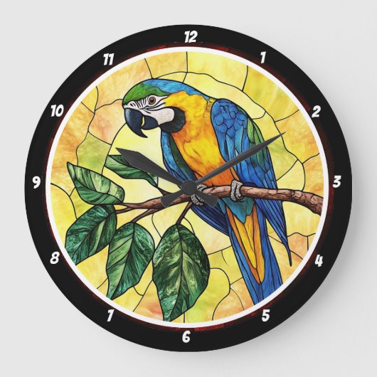 Design des lebendigen Macaw Parrot und tropischer  Große Wanduhr (Vorderseite)