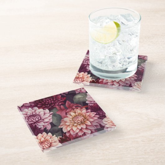 Design des Musters "Wasserfarbe Rosa Dahlia" Glasuntersetzer (Schrägansicht)