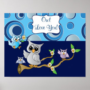 Design des Navy Blue and Gray Baby Owl Kinderzimme Poster