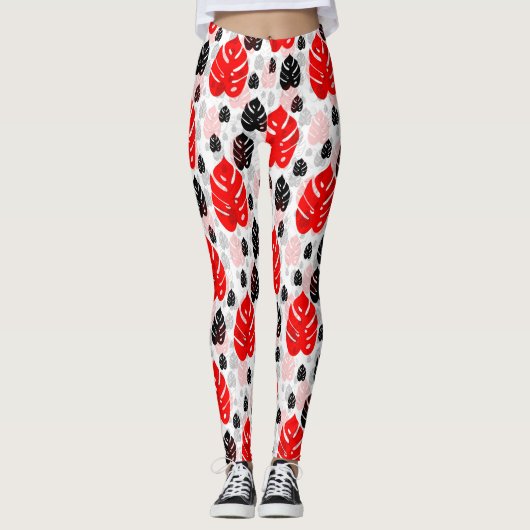 Design des roten schwarzen Leaf-Illustrationsmuste Leggings (Vorderseite)