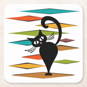 Design einer schwarzen Katze im Stil der Mitte des Rechteckiger Pappuntersetzer