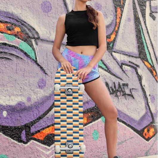 Design in three colors (blue, yellow, terracotta) skateboard