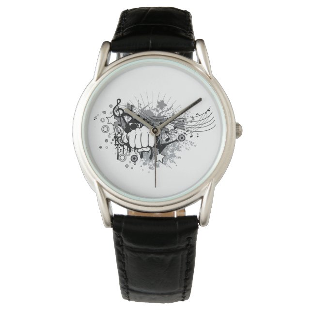Design mit Faust, Sternen und Notenuhren Armbanduhr (Vorderseite)