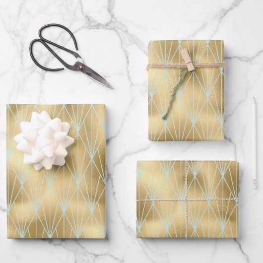 Design-Muster für Aquamarine und goldene Art Deco Geschenkpapier Set (Vorderseite)