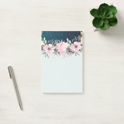 Design Own Stationery Girly Blume Blue Glitzer Post-it Klebezettel (Büro)