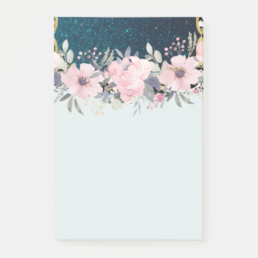 Design Own Stationery Girly Blume Blue Glitzer Post-it Klebezettel (Vorderseite)