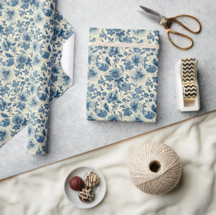 Design-Set für Vintages Blau und Weiß-Blumenmuster Geschenkpapier