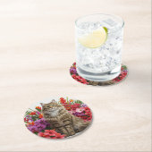Design tropischer Cat Round Paper Untersetzer. Runder Pappuntersetzer (Vor Ort)