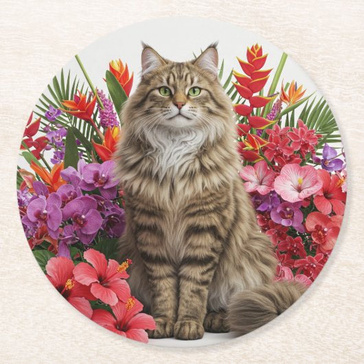 Design tropischer Cat Round Paper Untersetzer. Runder Pappuntersetzer (Vorderseite)