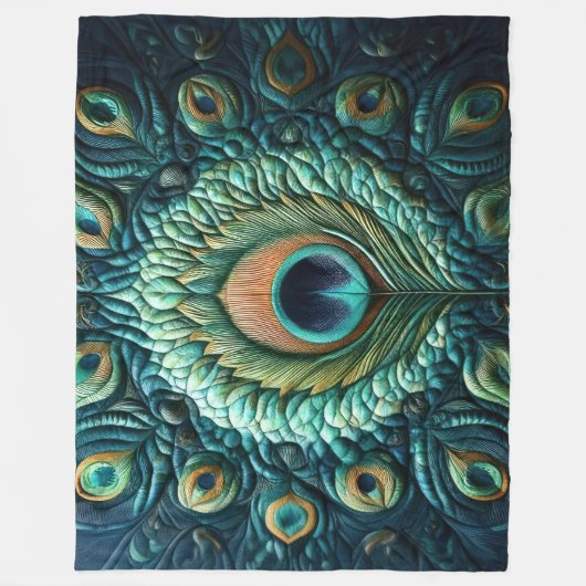 Design von gequilten Blue Peacock Feathers Fleecedecke (Vorderseite)