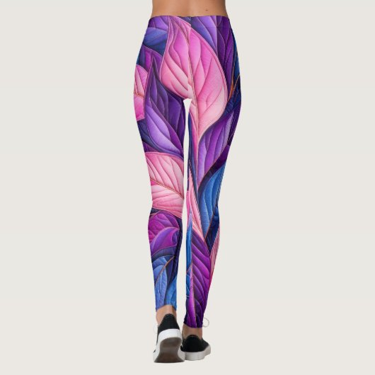 Design von Lila rosa gestrichelten blauen Blätter Leggings (Rückseite)