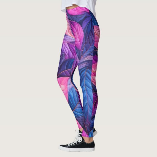 Design von Lila rosa gestrichelten blauen Blätter Leggings (Links)