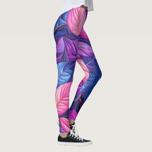 Design von Lila rosa gestrichelten blauen Blätter Leggings (Rechts)