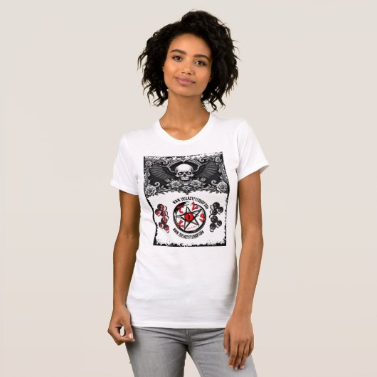 Design von Schädel und Rose von Frauen T-Shirt (Vorne ganz)