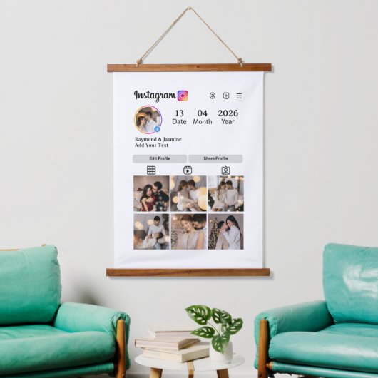 Design Your Own 7 Photo Collage Wandteppich Mit Holzrahmen (Wohnzimmer)