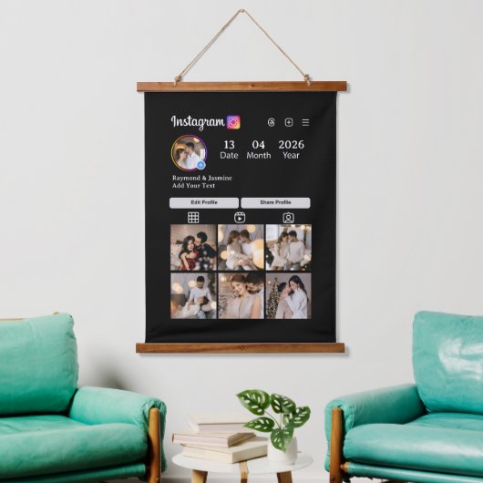 Design Your Own 7 Photo Collage Wandteppich Mit Holzrahmen (Wohnzimmer)