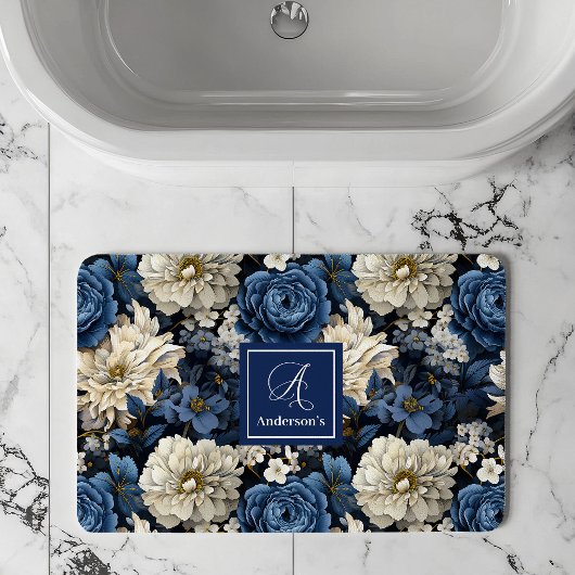 Designer Blaue Blumen Personalisierte Badematte