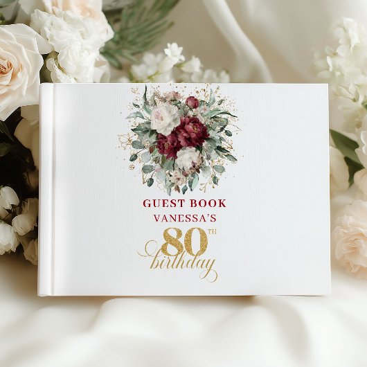 Designer Bordeaux Blumen 80. Geburtstag Gästebuch