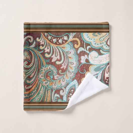 Designer Brocade in Braun, Aquamarin und Gold Badhandtuch Set (Waschlappen)