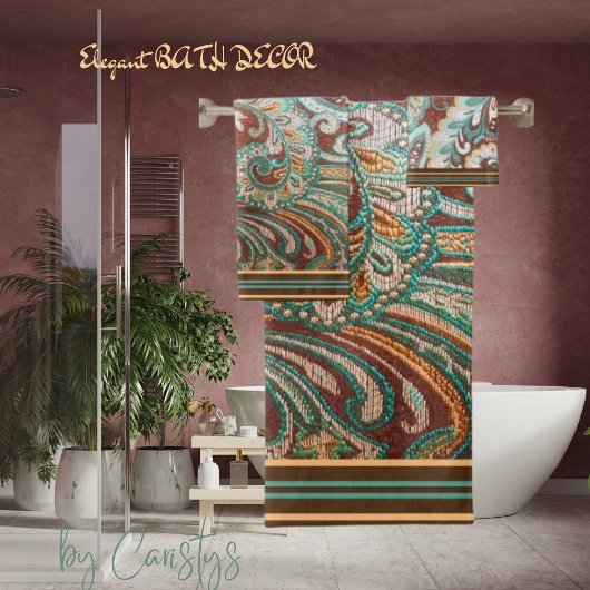 Designer Brocade in Braun, Aquamarin und Gold Badhandtuch Set