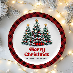 Designer Büffelkariert Tannenbaum Name Weihnachten Pappteller