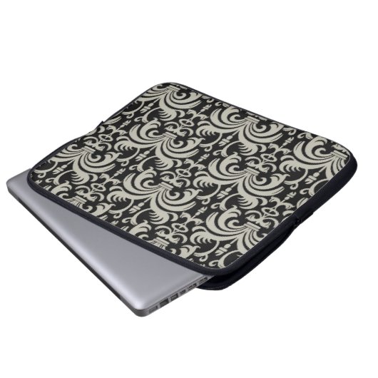 Designer-Laptop-Hülse: Schwarzer Damast Laptopschutzhülle (Vorne Knopf)