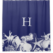 Designer Navy Blue & White Künstlerisch Seashells Duschvorhang (Vorderseite)