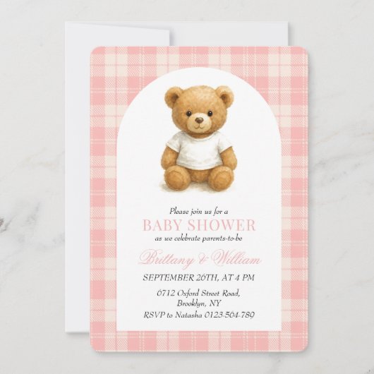 Designer Preppy Bear Kariert Baby Dusche Einladung (Vorderseite)